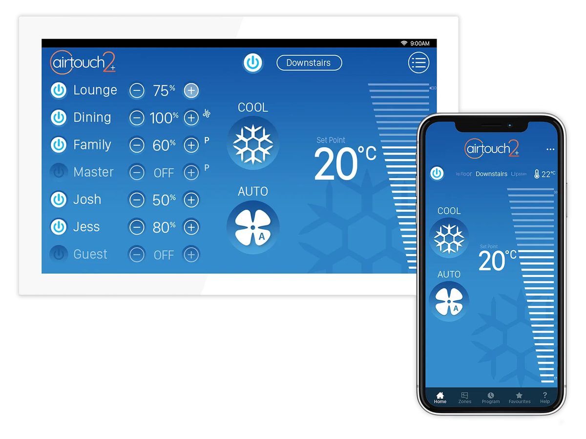 AirTouch 2 Plus touchscreen panel and phone app controlling air conditioning zones