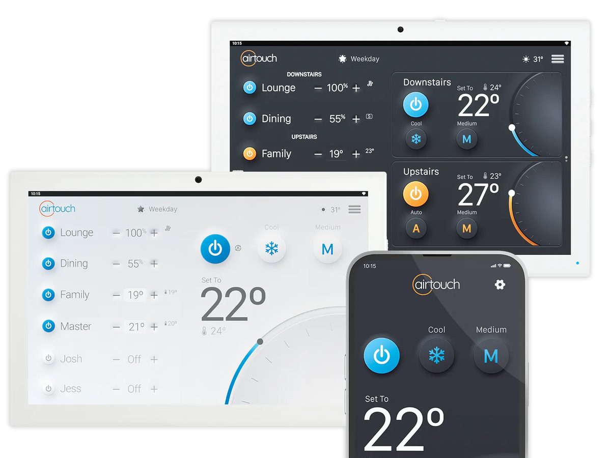 AirTouch 5 wall touchscreen panels and phone app controlling ducted air conditioning zones