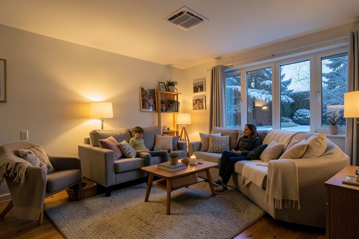 Warm Melbourne living room heated by a Brivis gas ducted system in winter