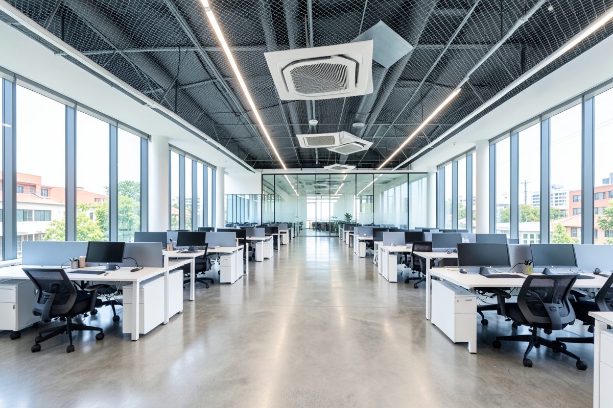 Modern commercial office fit-out in Melbourne with ceiling-mounted air-conditioning cassettes