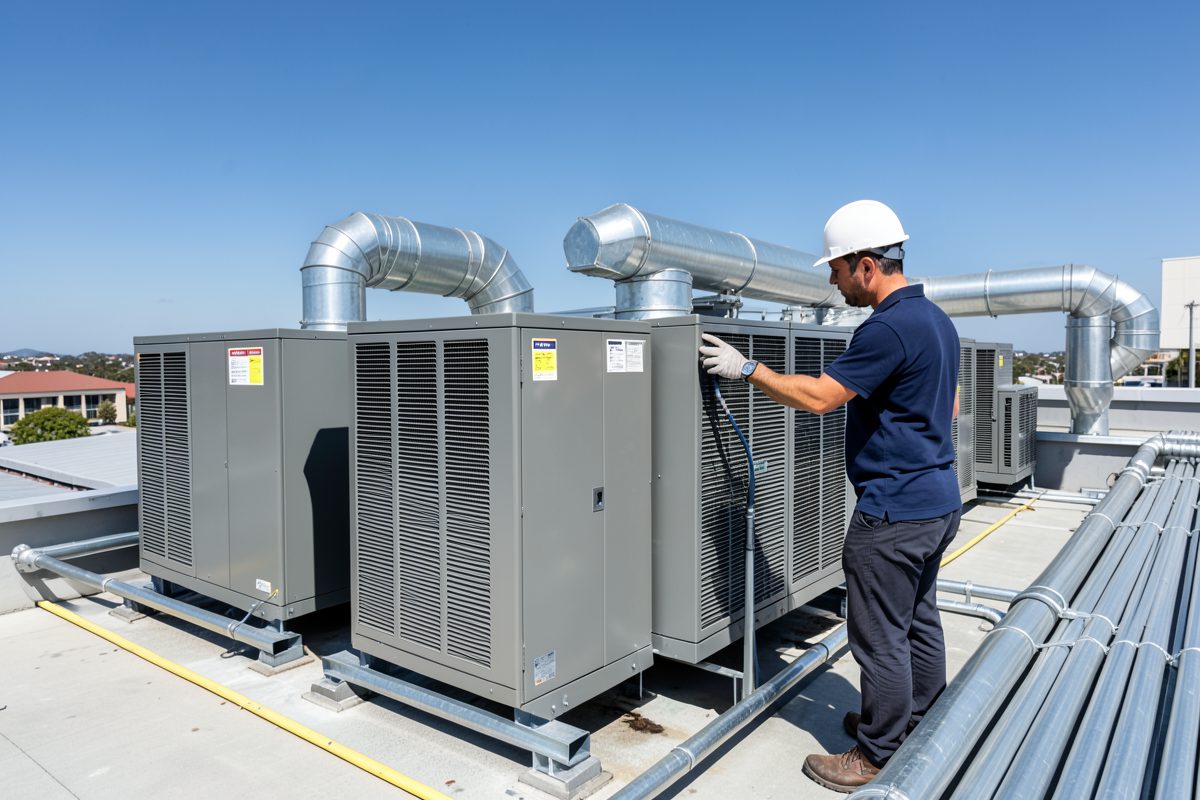 Packaged rooftop HVAC units on a commercial building in Melbourne