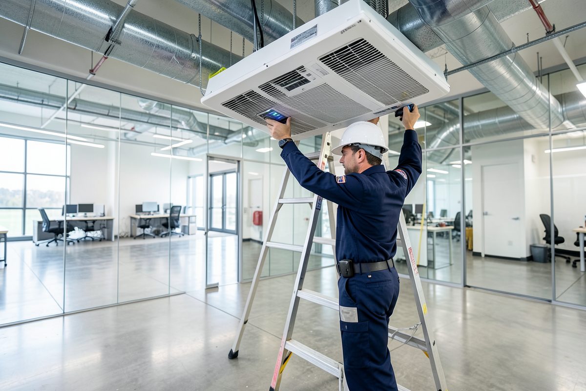 BM Heating and Cooling technician commissioning a commercial air-conditioning system in Melbourne