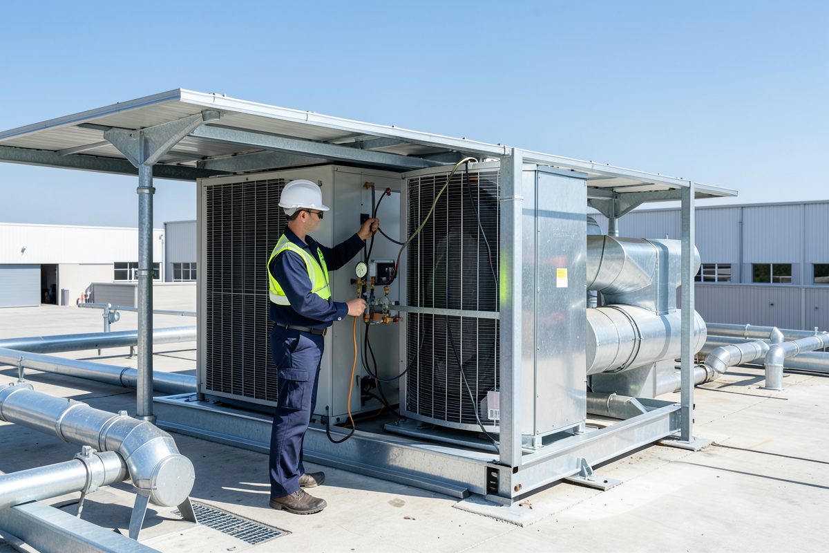 BM Heating and Cooling technician working on an industrial HVAC system in Melbourne