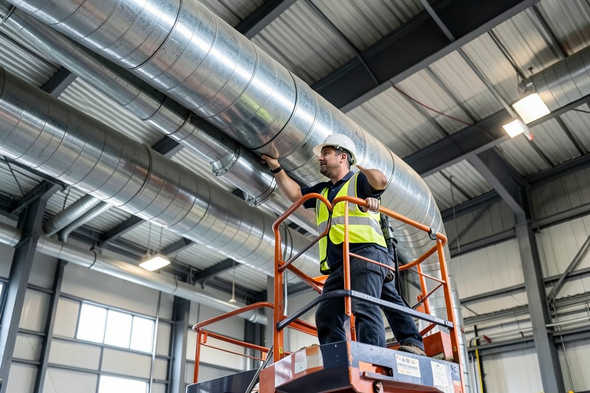 Large HVAC ventilation ductwork installed in an industrial warehouse in Melbourne