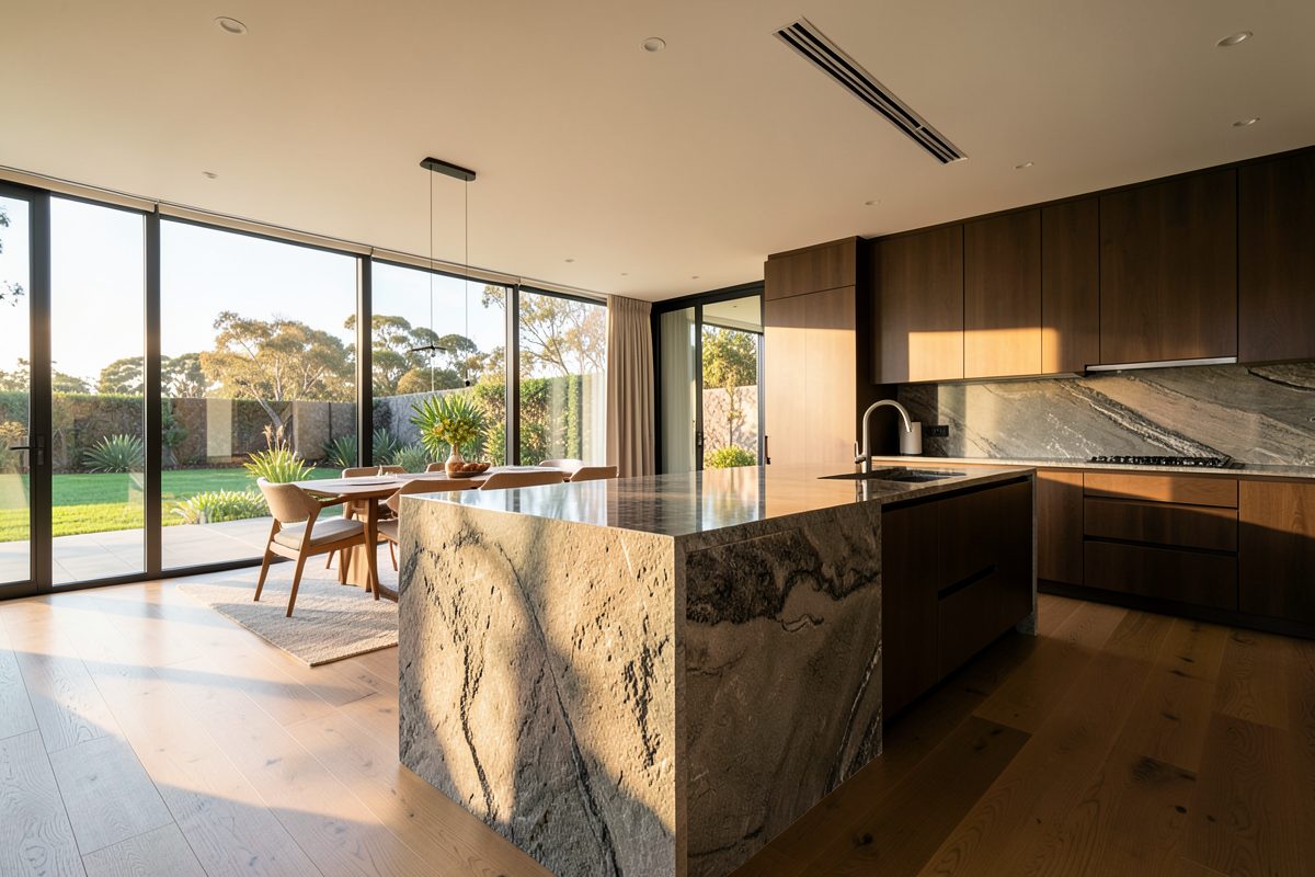 Luxury modern living room with a discreet ducted air-conditioning diffuser in a Melbourne home