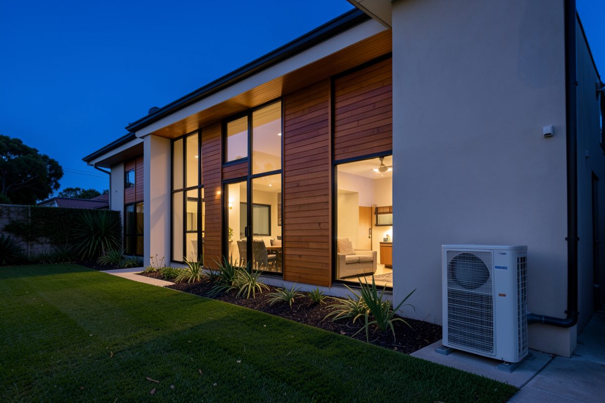 High-end modern Melbourne new build at dusk with the heating and cooling system installed