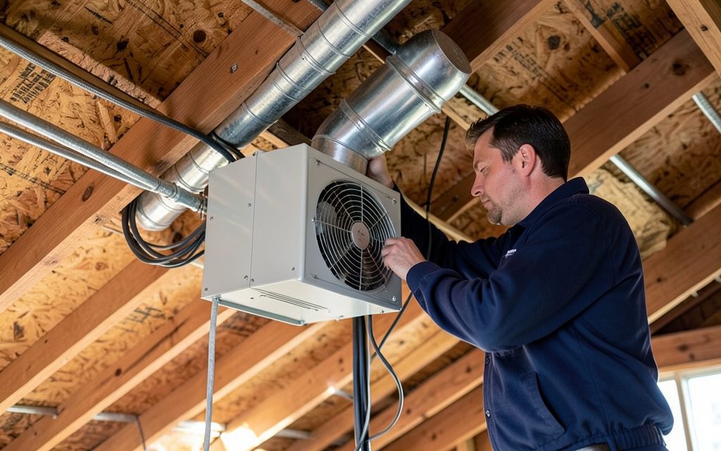 Daikin ducted reverse cycle fan coil being installed in a roof cavity