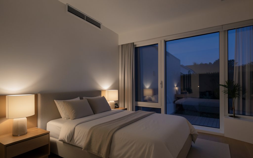 Quiet Daikin ducted air conditioning in a calm modern bedroom at night