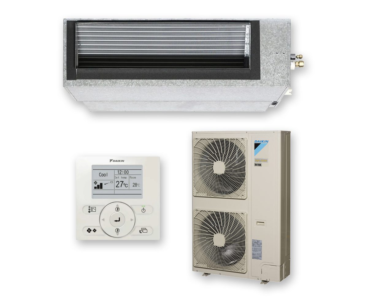Daikin ducted reverse cycle system with indoor fan coil, wired controller and outdoor condenser