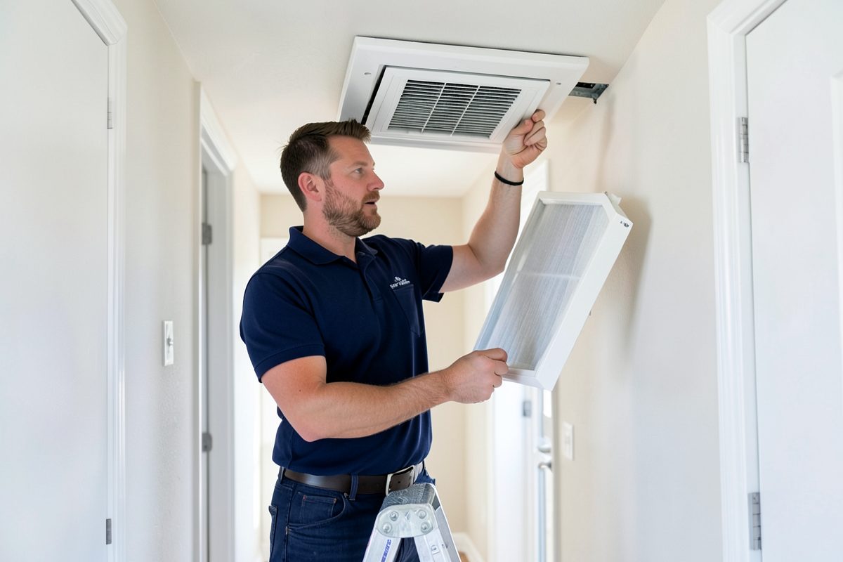 HVAC technician servicing a ducted reverse cycle indoor unit and cleaning the return-air filter in a Melbourne home