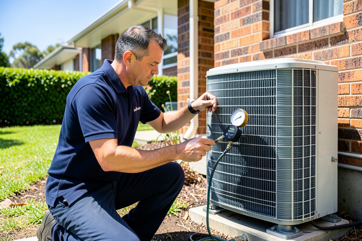 HVAC technician checking refrigerant pressures on an outdoor reverse cycle condenser at a Melbourne home
