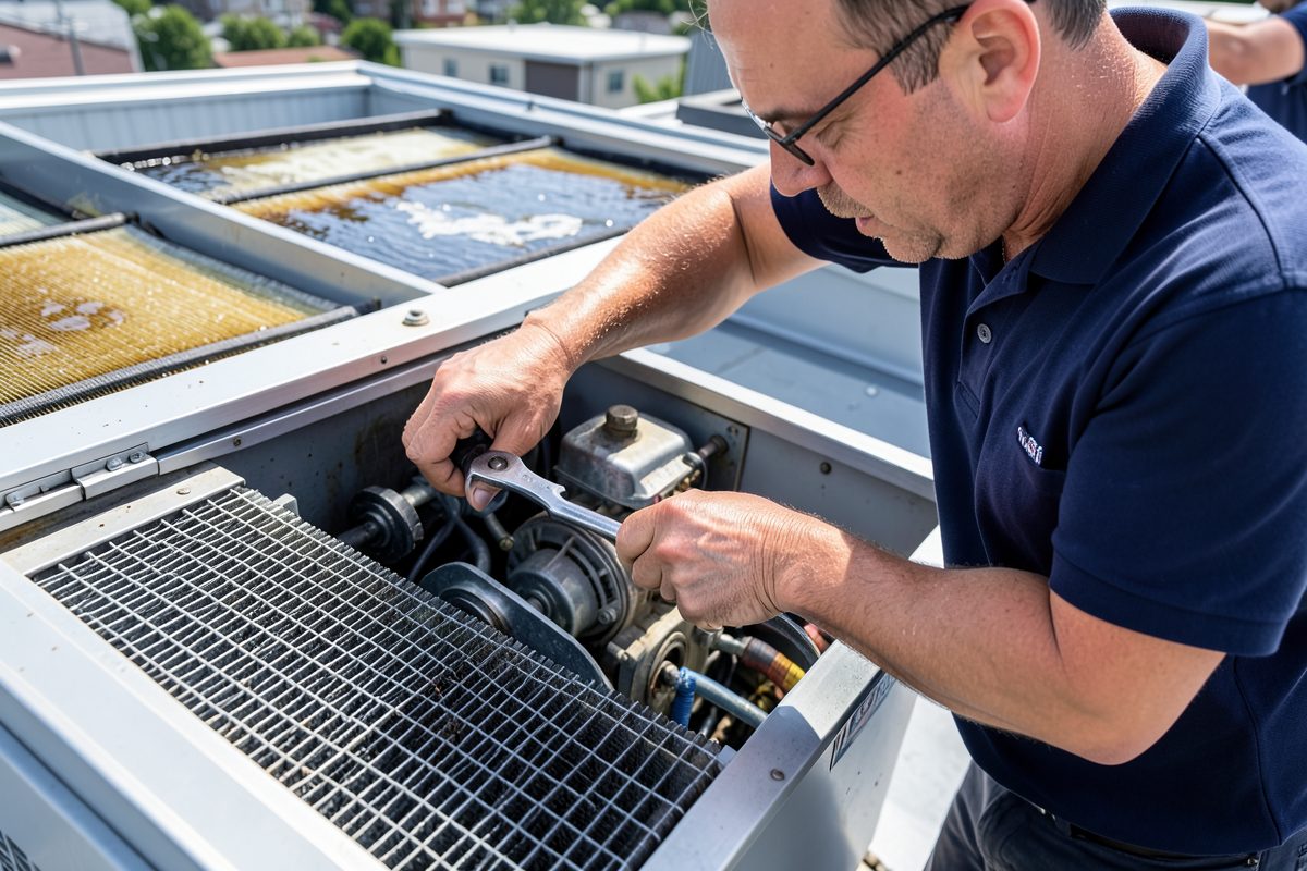 HVAC technician replacing the water pump inside a rooftop evaporative cooling unit in Melbourne