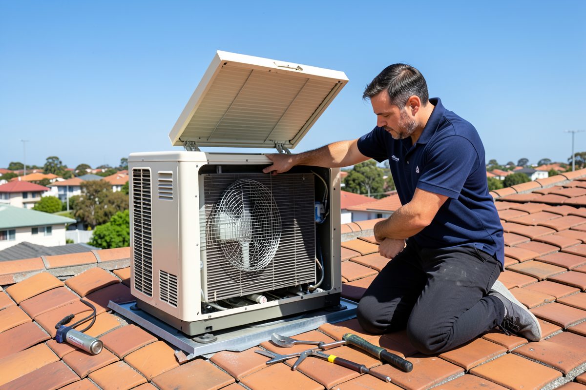 HVAC technician repairing a rooftop evaporative cooling unit with the panels off in Melbourne