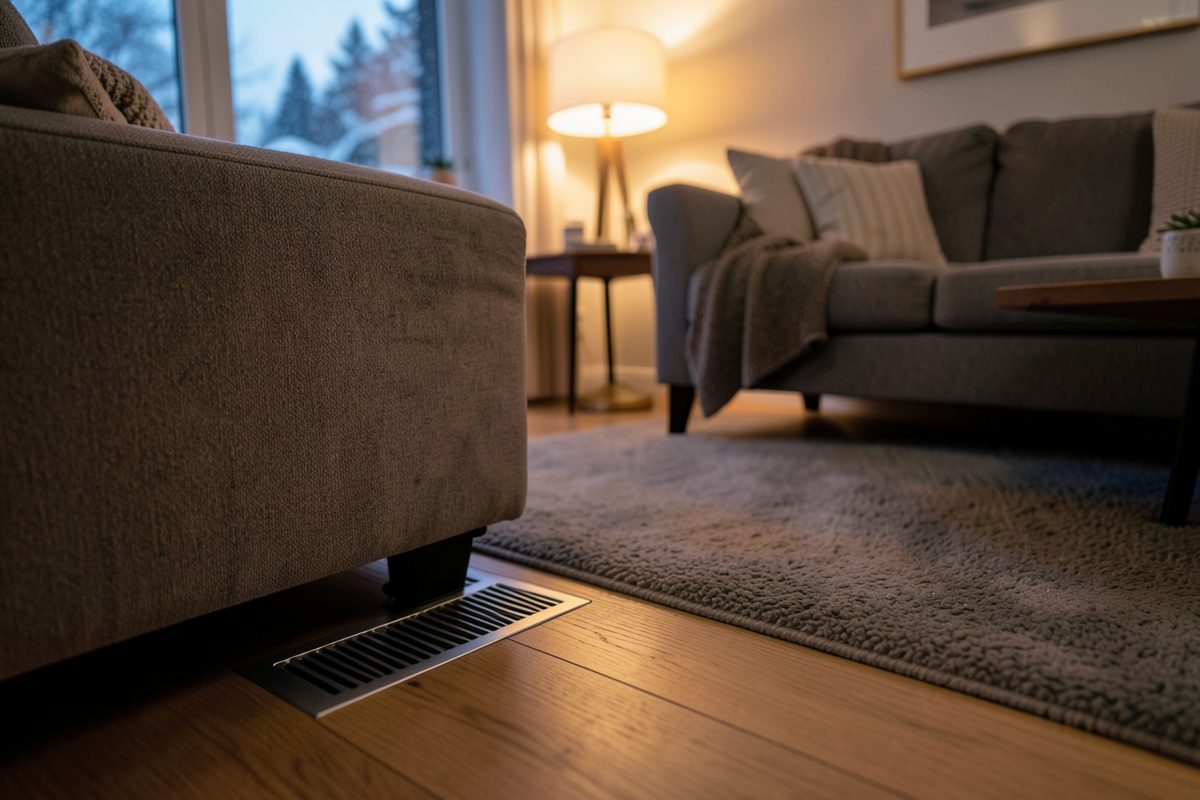 Warm Melbourne living room in winter with a gas ducted heating floor vent