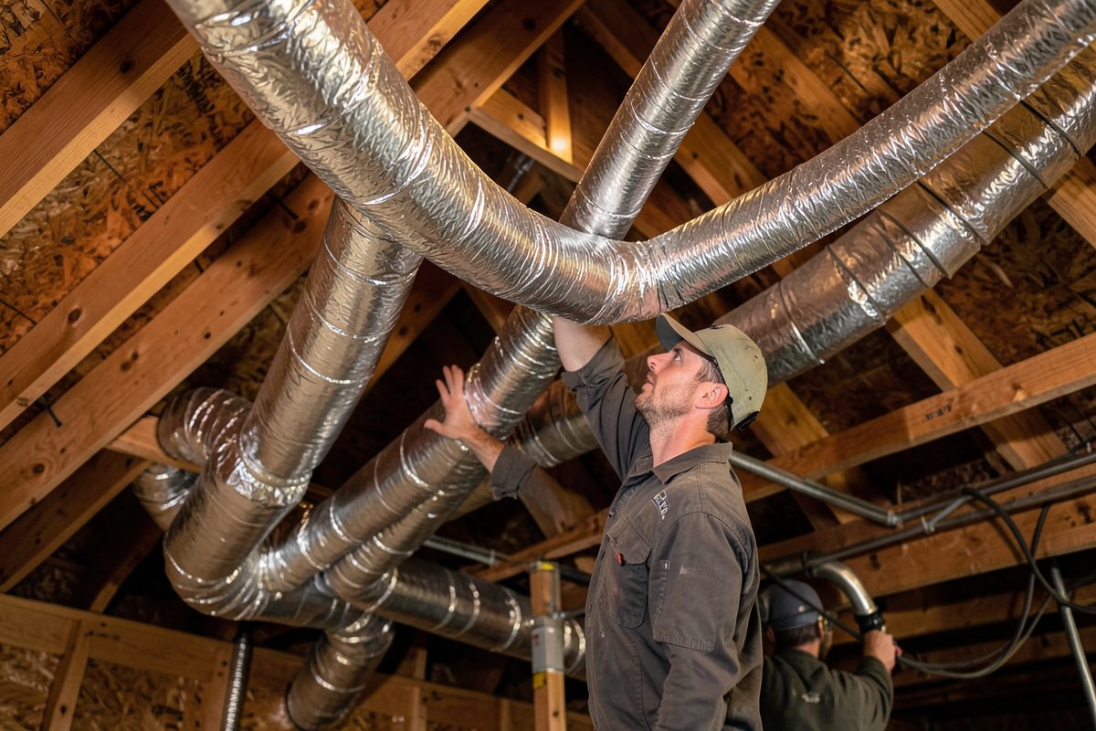 Installer fitting insulated ducting in a roof space for a gas ducted heating system in Melbourne
