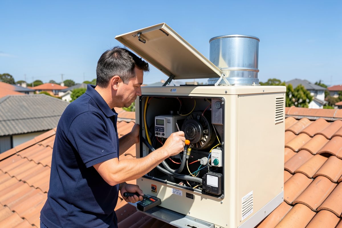 Licensed gasfitter repairing a rooftop gas ducted heater unit in Melbourne