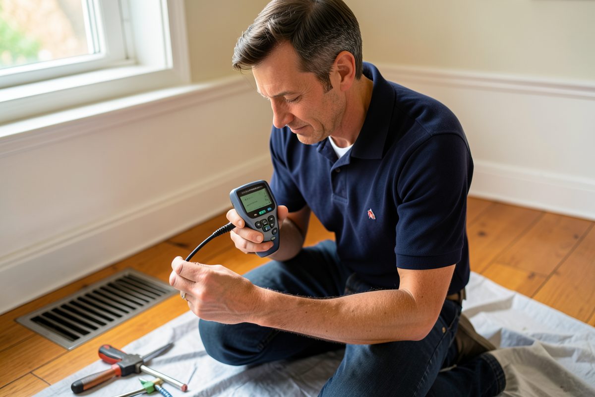 Gasfitter carrying out a carbon monoxide safety test on a gas ducted heating vent in Melbourne