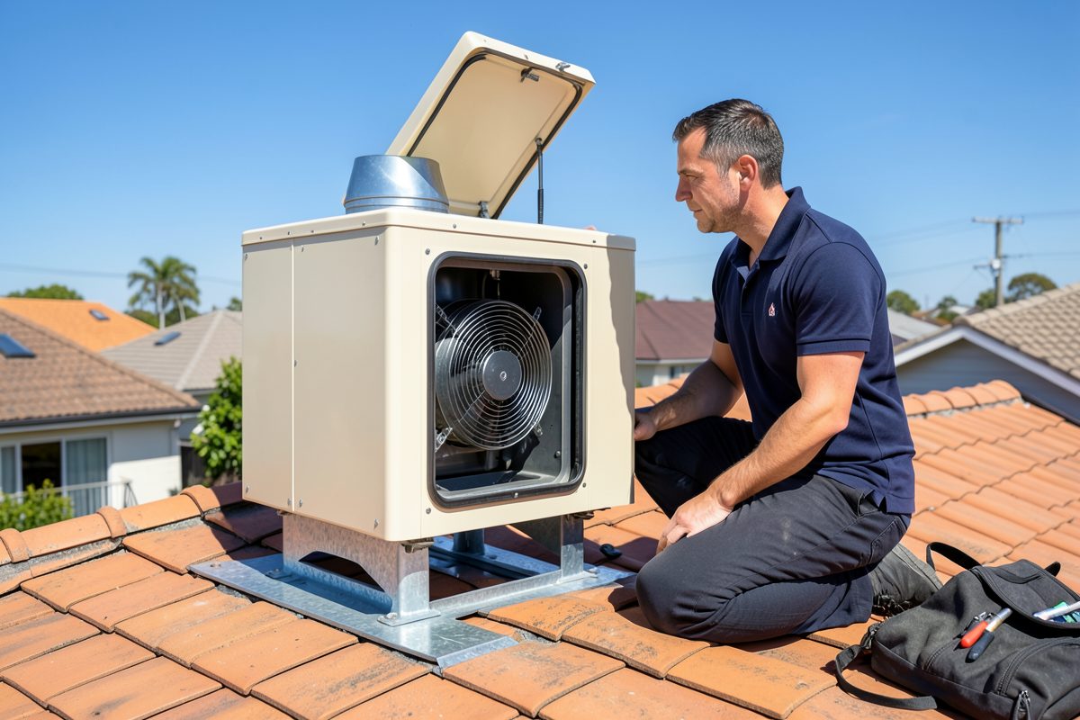 Licensed gasfitter servicing a gas ducted heater unit and inspecting the burner in a Melbourne home