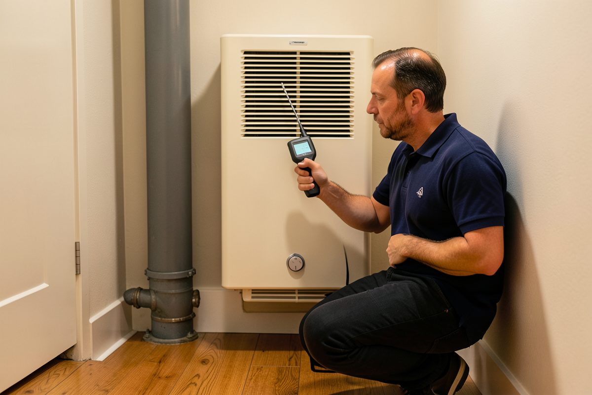 Gasfitter carrying out a carbon monoxide test on a gas wall heater in a Melbourne home