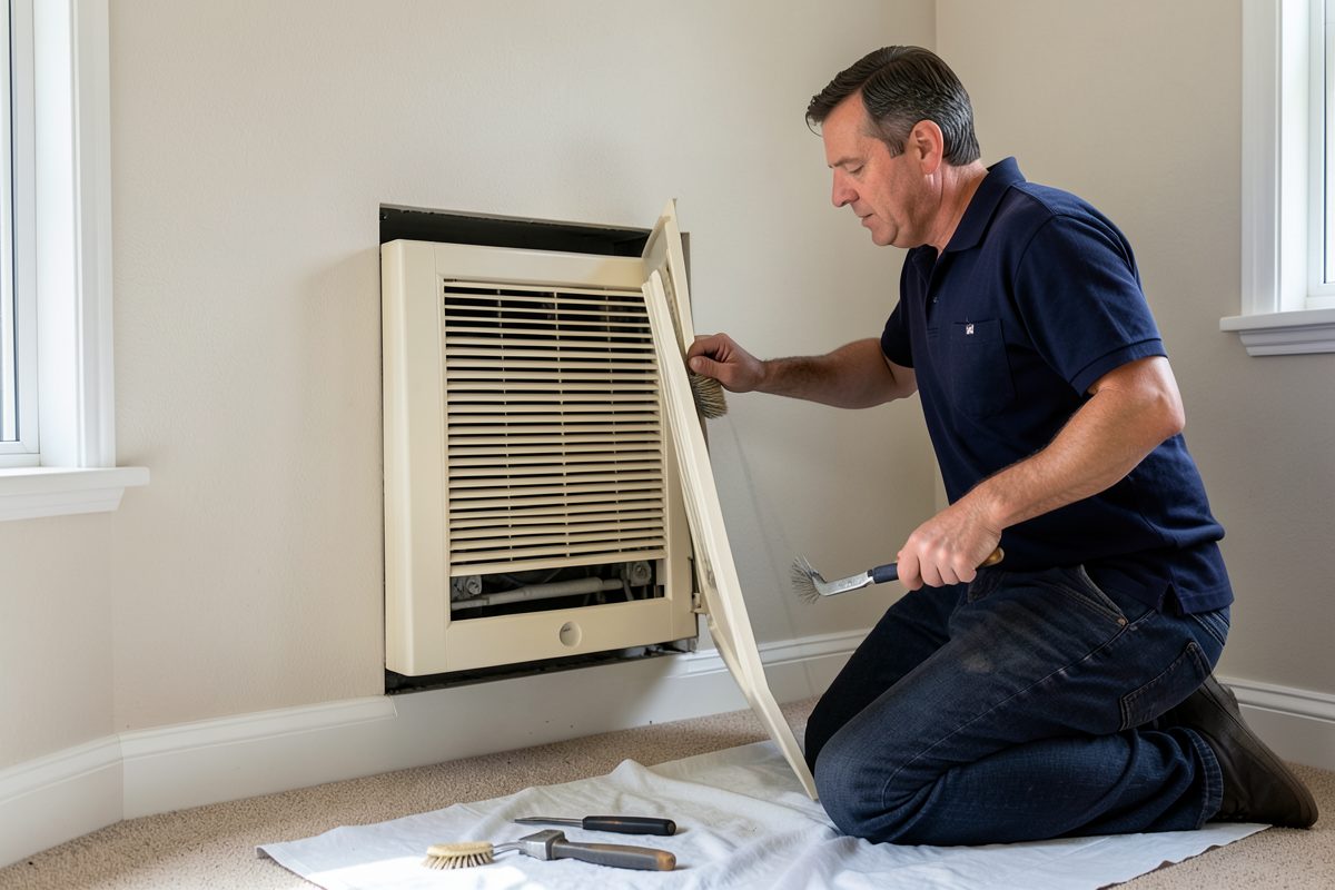 Licensed gasfitter servicing a wall-mounted gas wall furnace heater in a Melbourne home