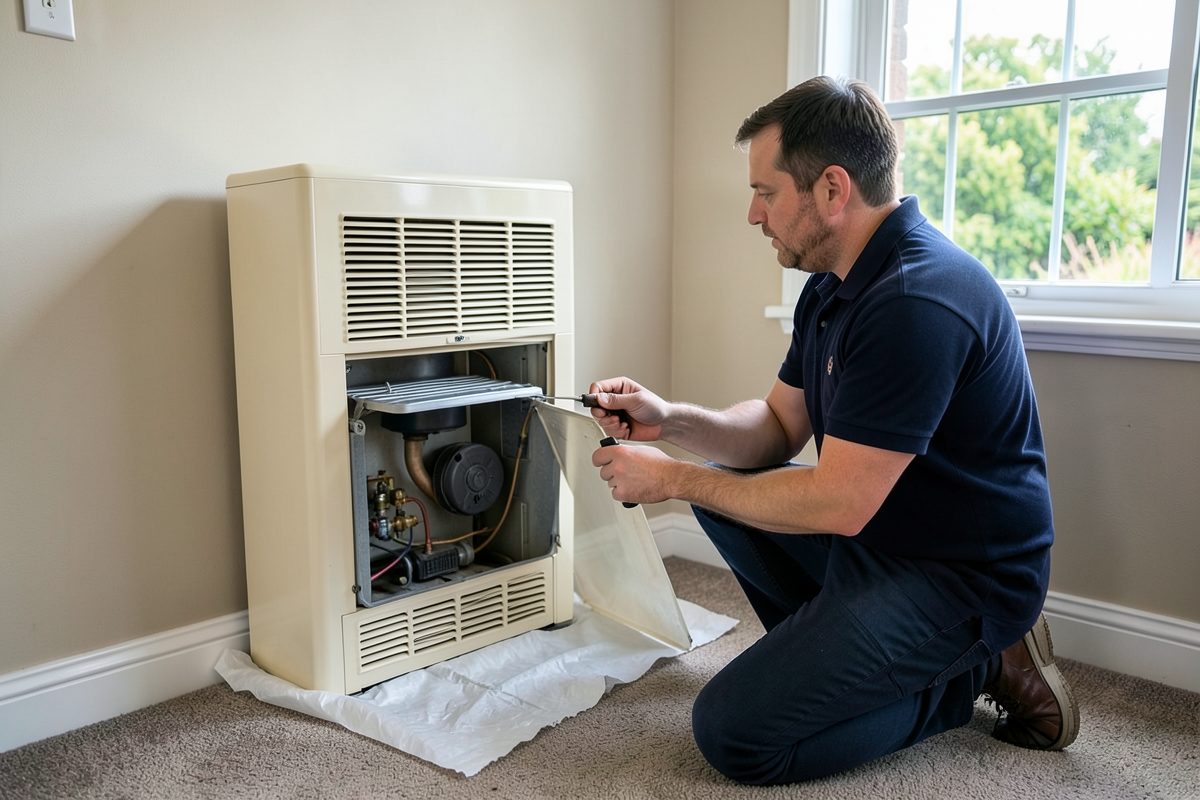 Licensed gasfitter repairing a beige console gas wall heater in a Melbourne living room