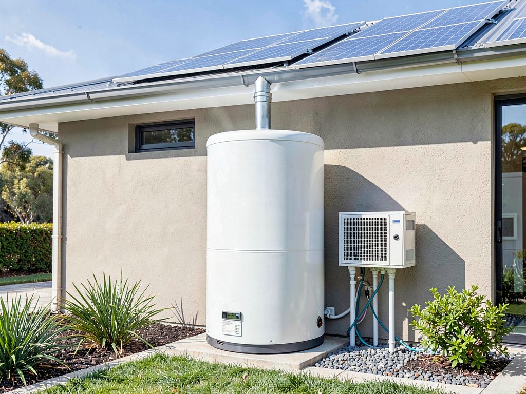 Heat pump hot water unit installed outside a Melbourne home with solar panels