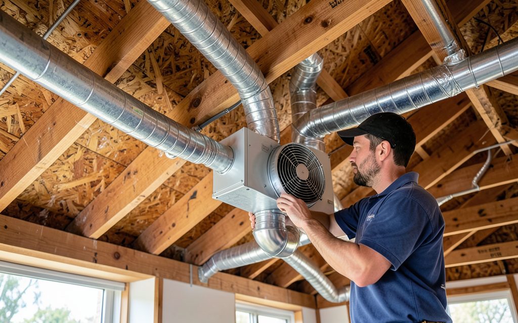 Hisense ducted reverse cycle fan coil being installed in a roof cavity