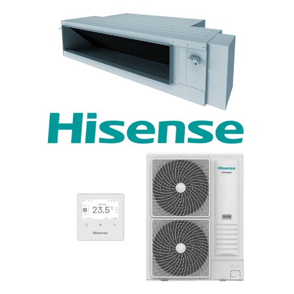 Hisense air-q Premium ducted system with indoor unit, controller and outdoor condenser