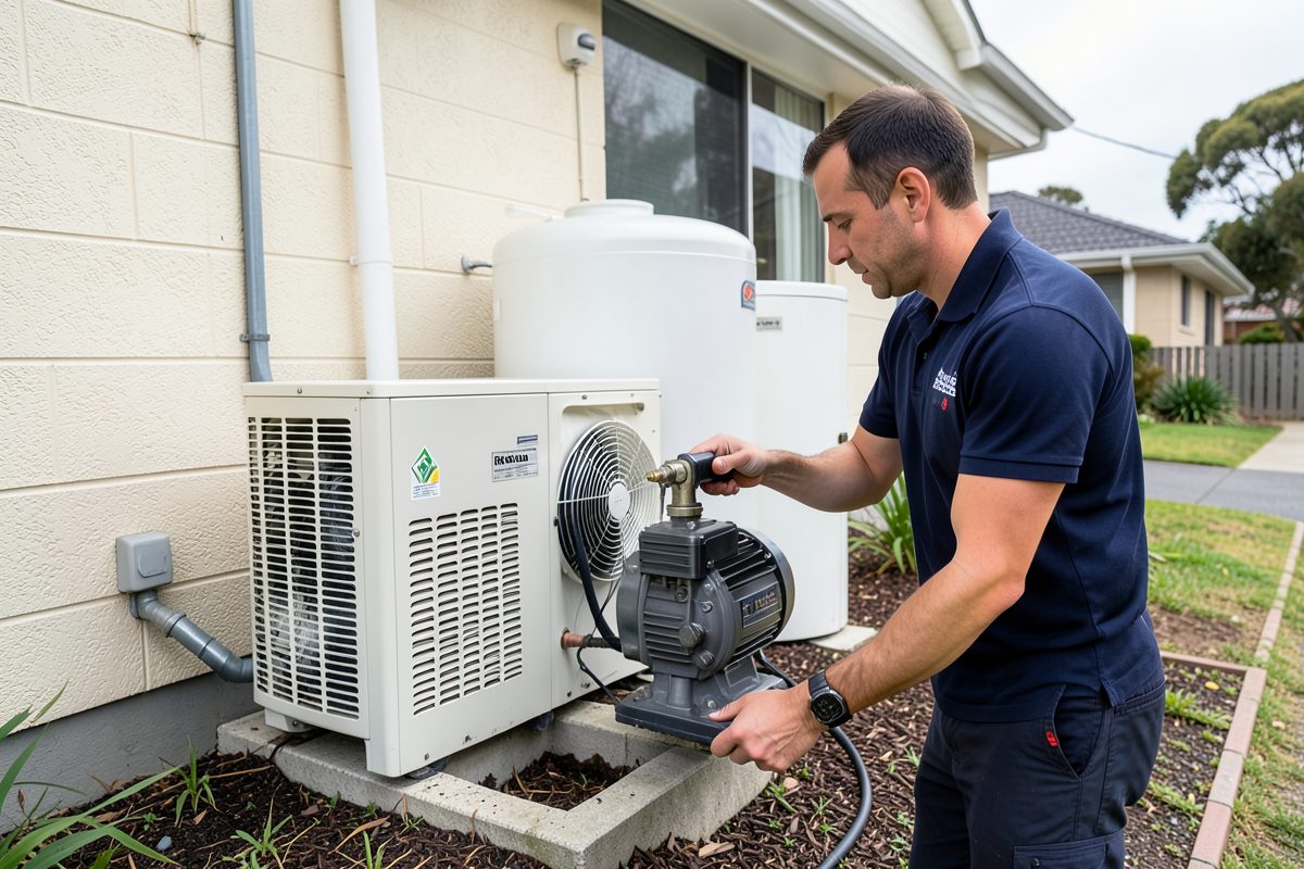 Technician repairing a heat pump hot water system at a Melbourne home