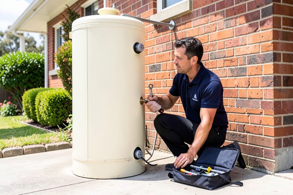 Plumber repairing a storage hot water system at a Melbourne home