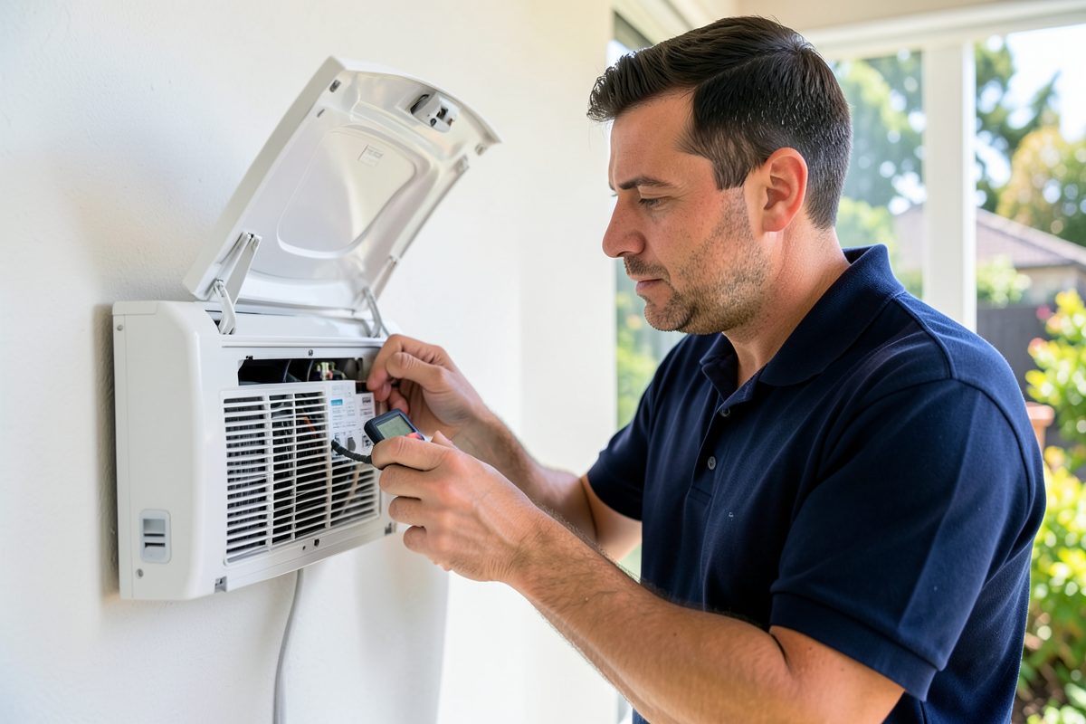 HVAC technician diagnosing a faulty split system air conditioner with a multimeter in a Melbourne home