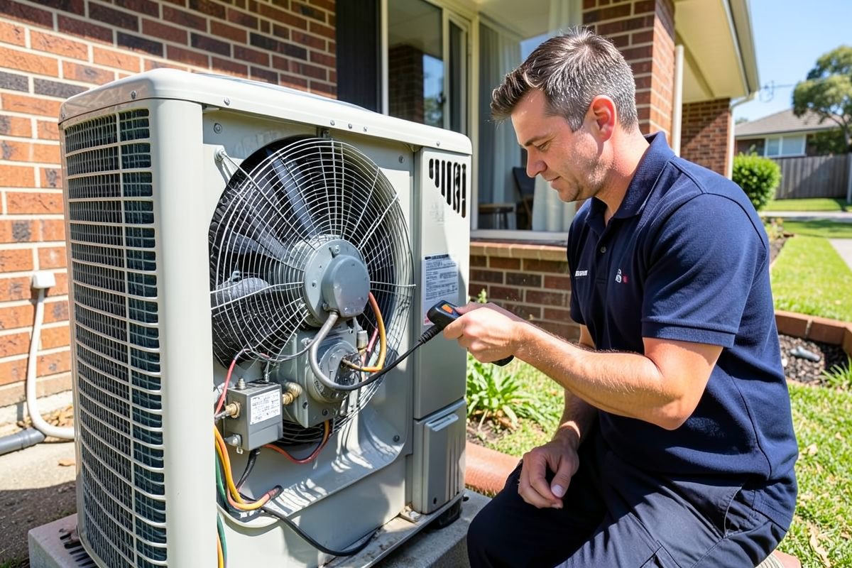 HVAC technician repairing an outdoor reverse cycle condenser and replacing a capacitor at a Melbourne home