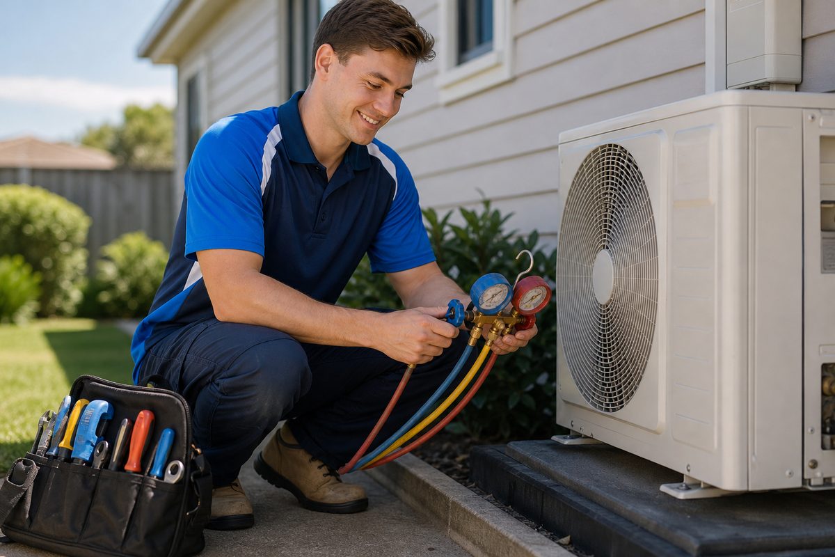 HVAC technician in uniform servicing an outdoor air conditioning condenser in Melbourne