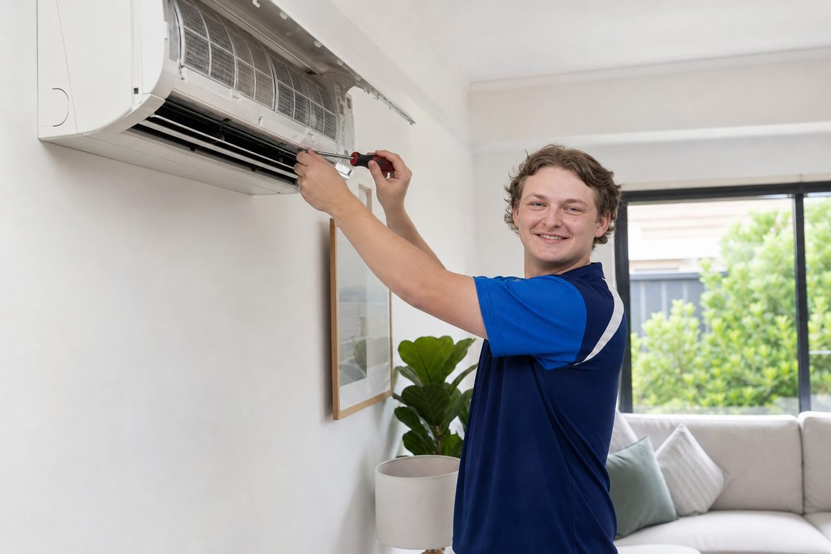 BM Heating and Cooling technician servicing a reverse cycle split system air conditioner in Melbourne