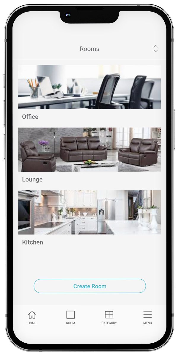 iZone Home app on a smartphone showing rooms and zone control