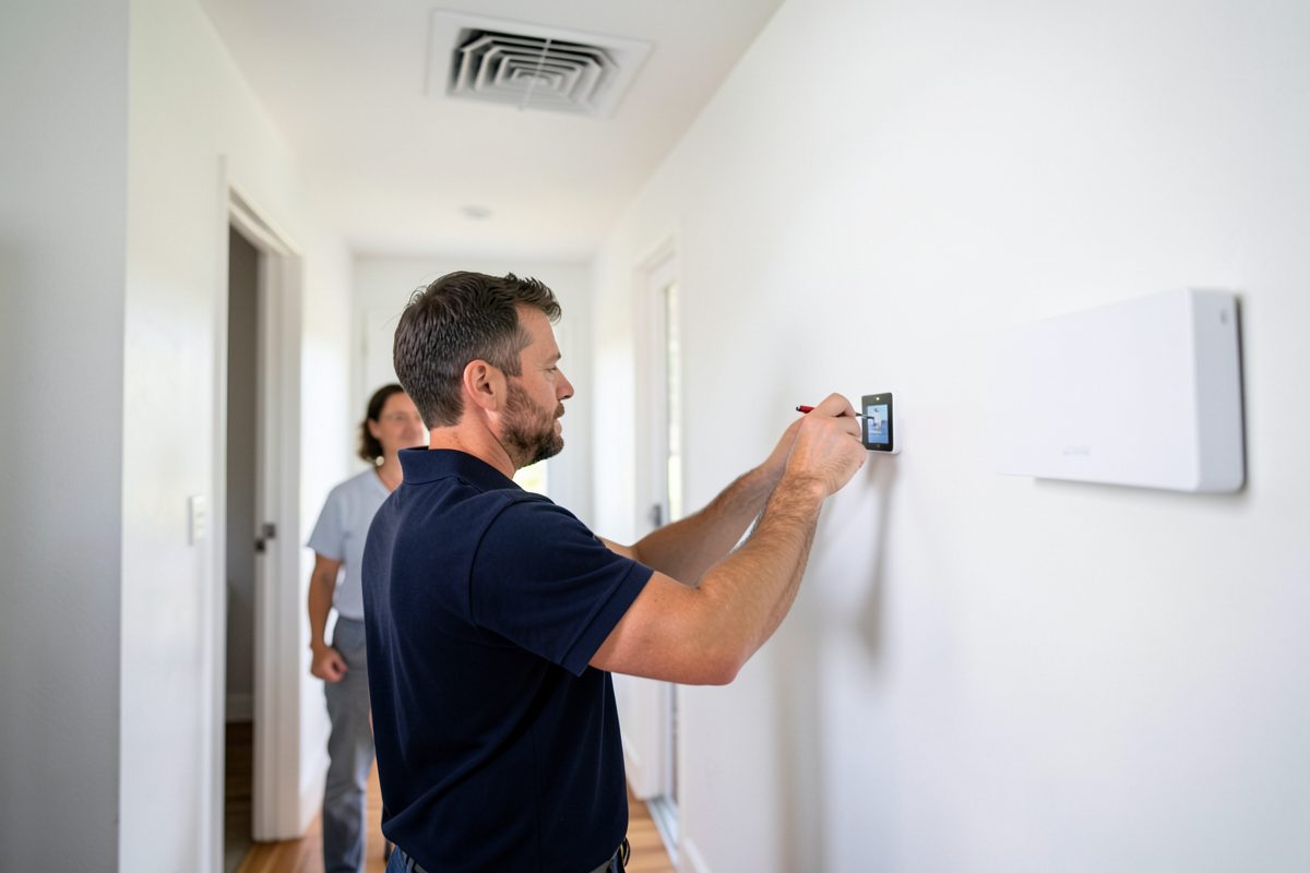 BM Heating technician installing a wall touchscreen zone controller in a Melbourne home