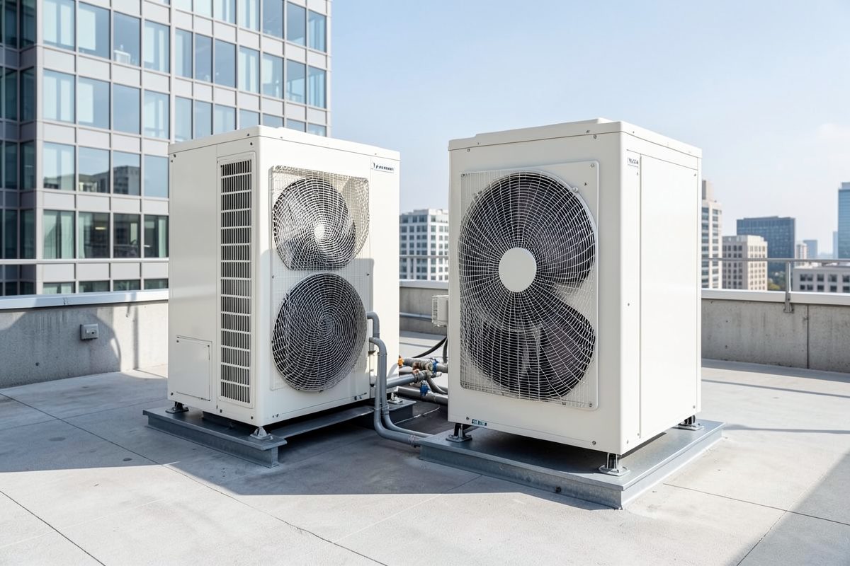 Daikin VRV outdoor units on a rooftop plant deck