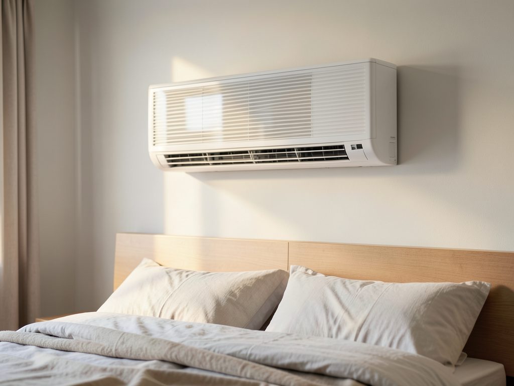 Quiet Mitsubishi Electric split system installed above the bed in a Melbourne bedroom
