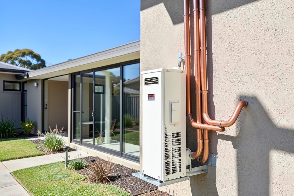 Single multi split outdoor condenser unit with multiple pipe runs beside a Melbourne home