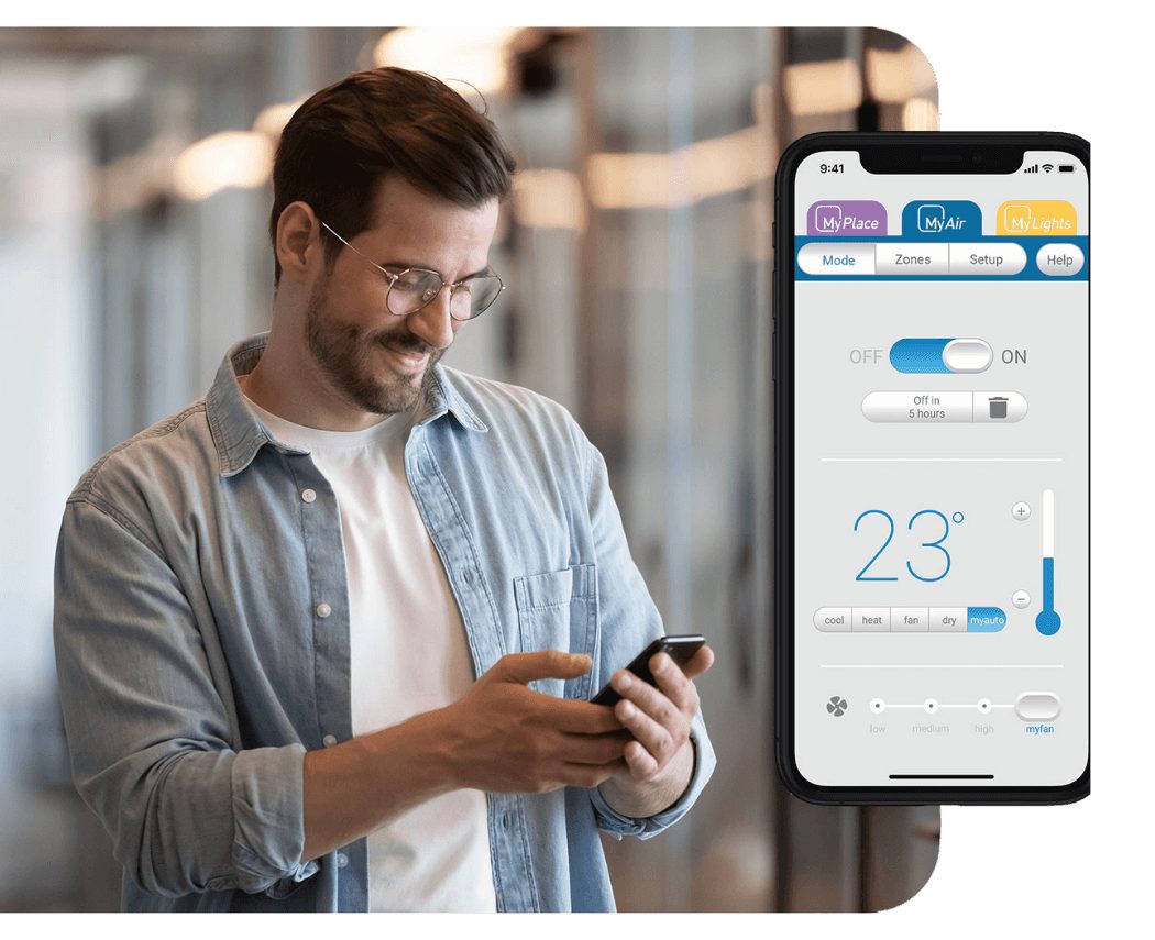 MyAir app on a smartphone controlling the air conditioner remotely