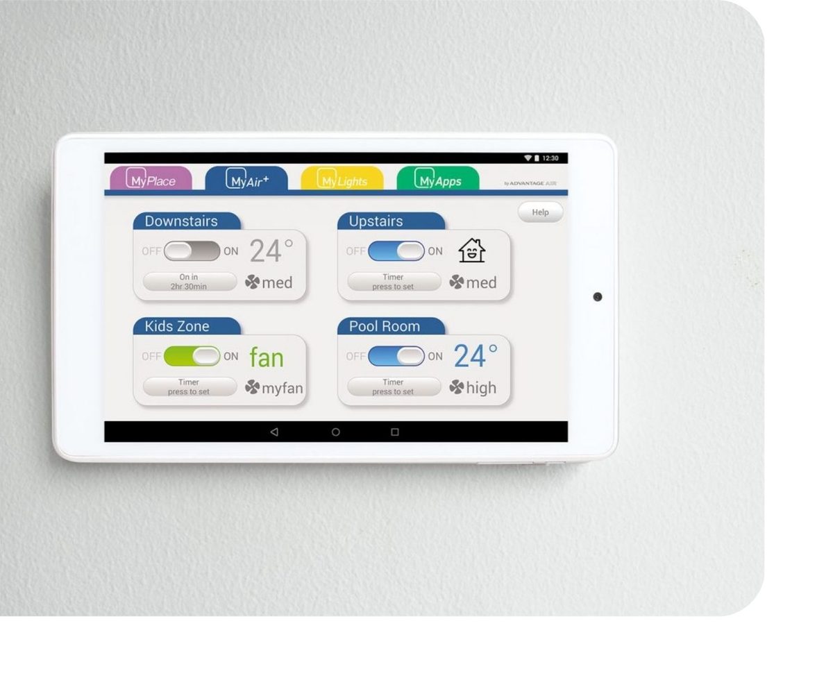 MyAir wall-mounted touchscreen tablet showing zones for downstairs, upstairs, kids zone and pool room