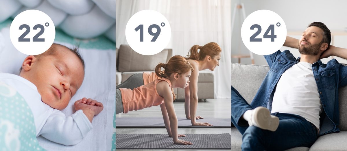 MyAir individual room temperatures of 22, 19 and 24 degrees for a nursery, gym and living room
