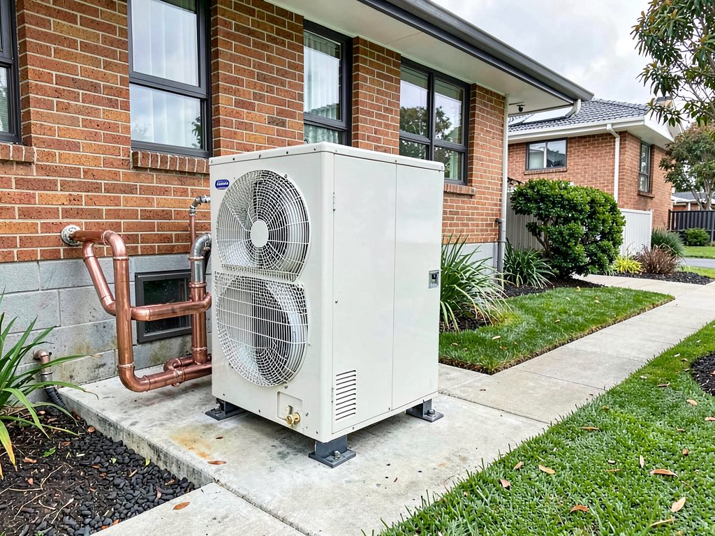 Outdoor reverse cycle condenser unit installed beside a Melbourne home