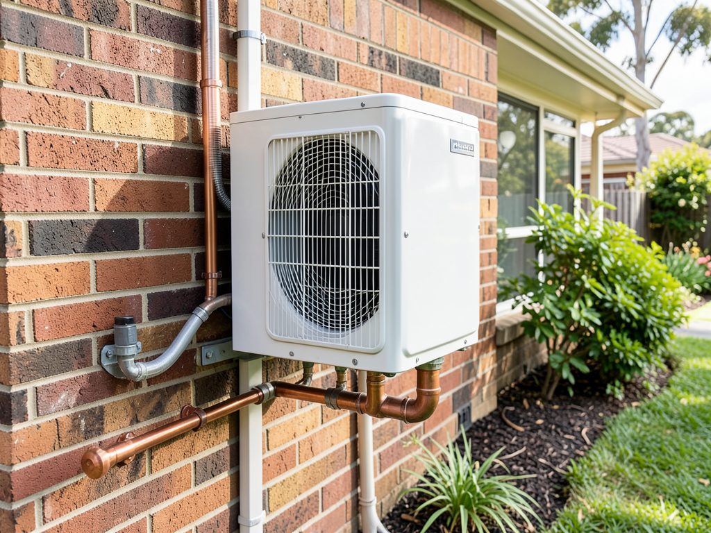 Outdoor split system condenser unit installed beside a Melbourne home