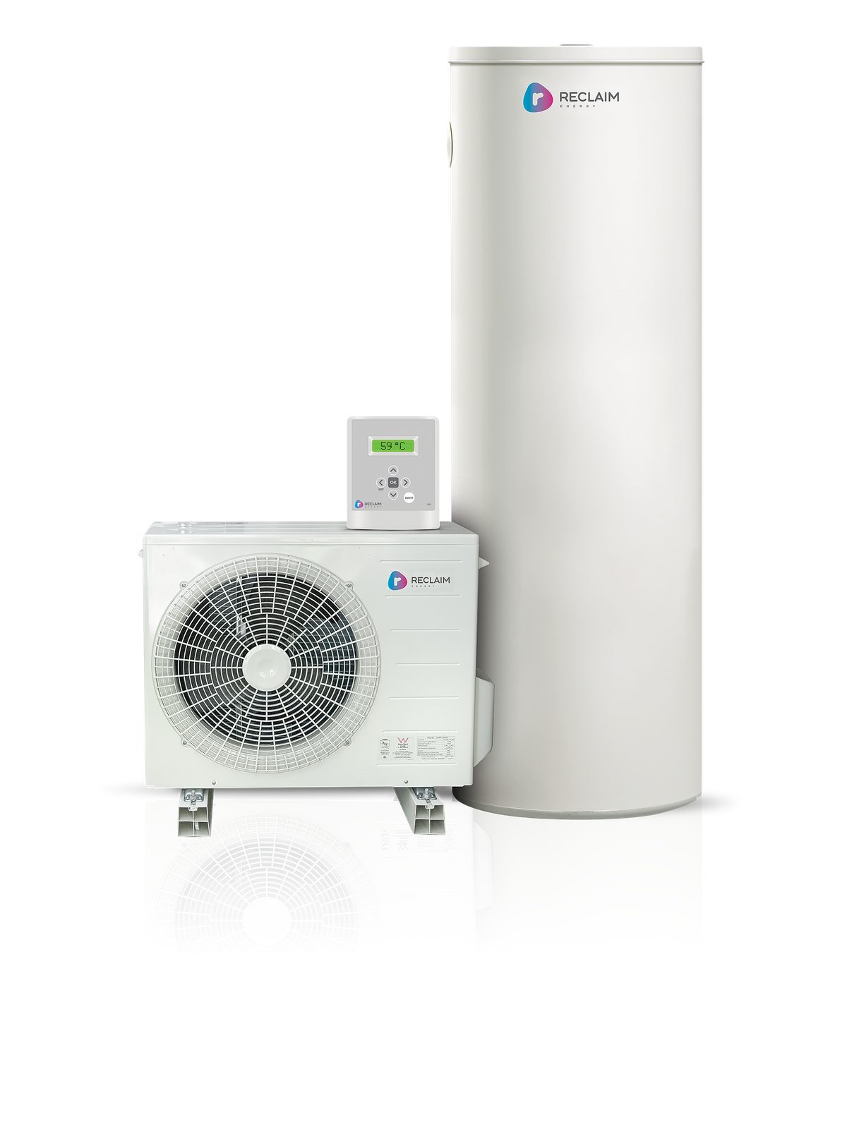 Reclaim heat pump system with tank and smart controller