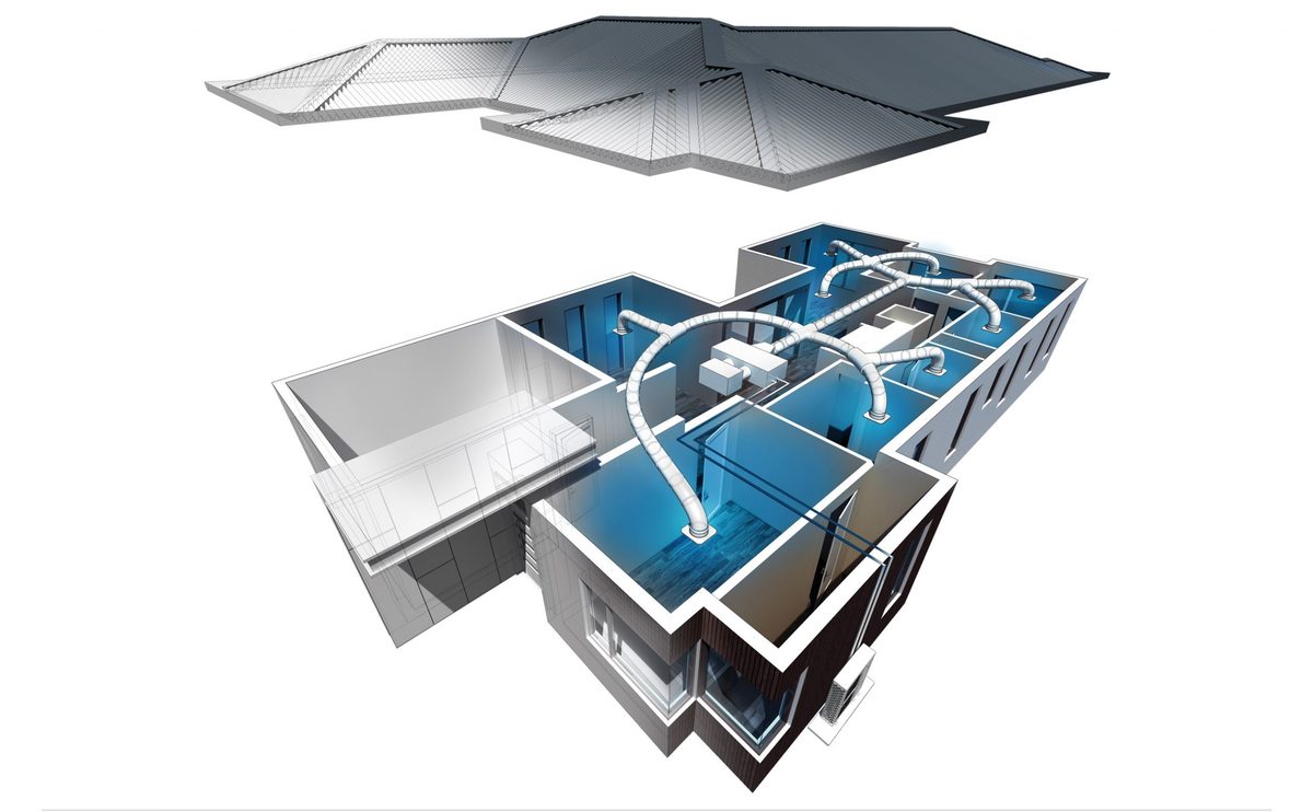 Cutaway showing a Rinnai ducted system distributing air through a home