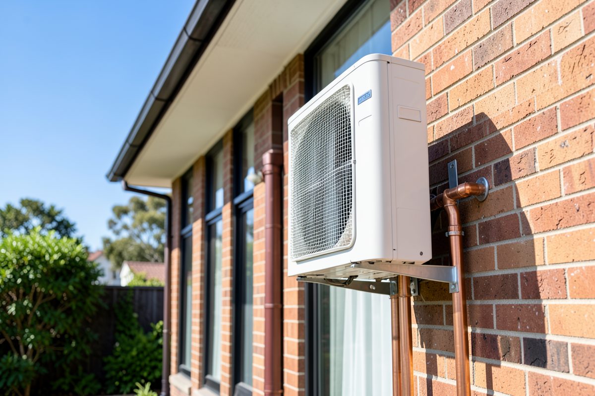 Outdoor split system condenser unit installed beside a Melbourne home