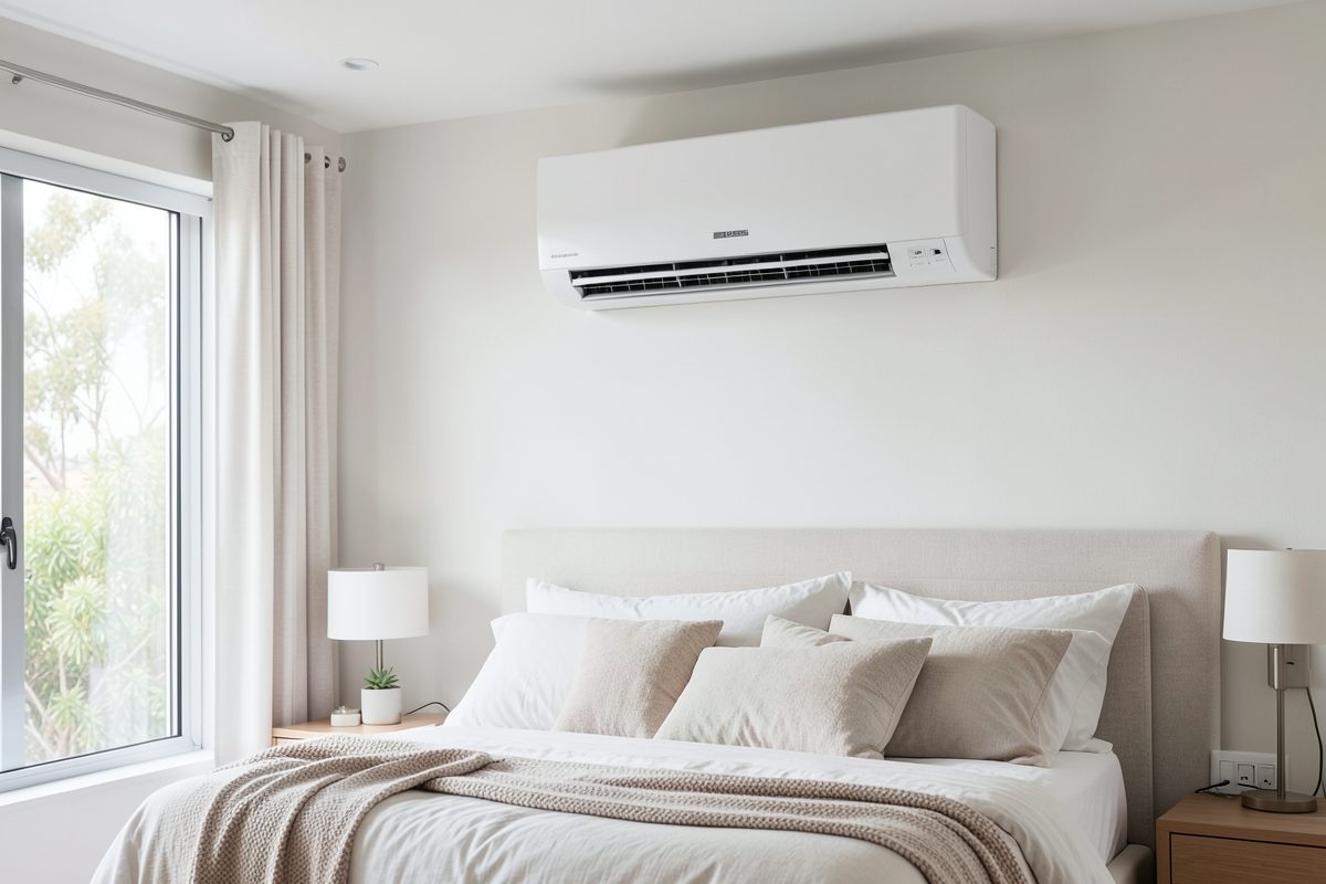 Rinnai multi split hi-wall indoor head in a quiet Melbourne bedroom