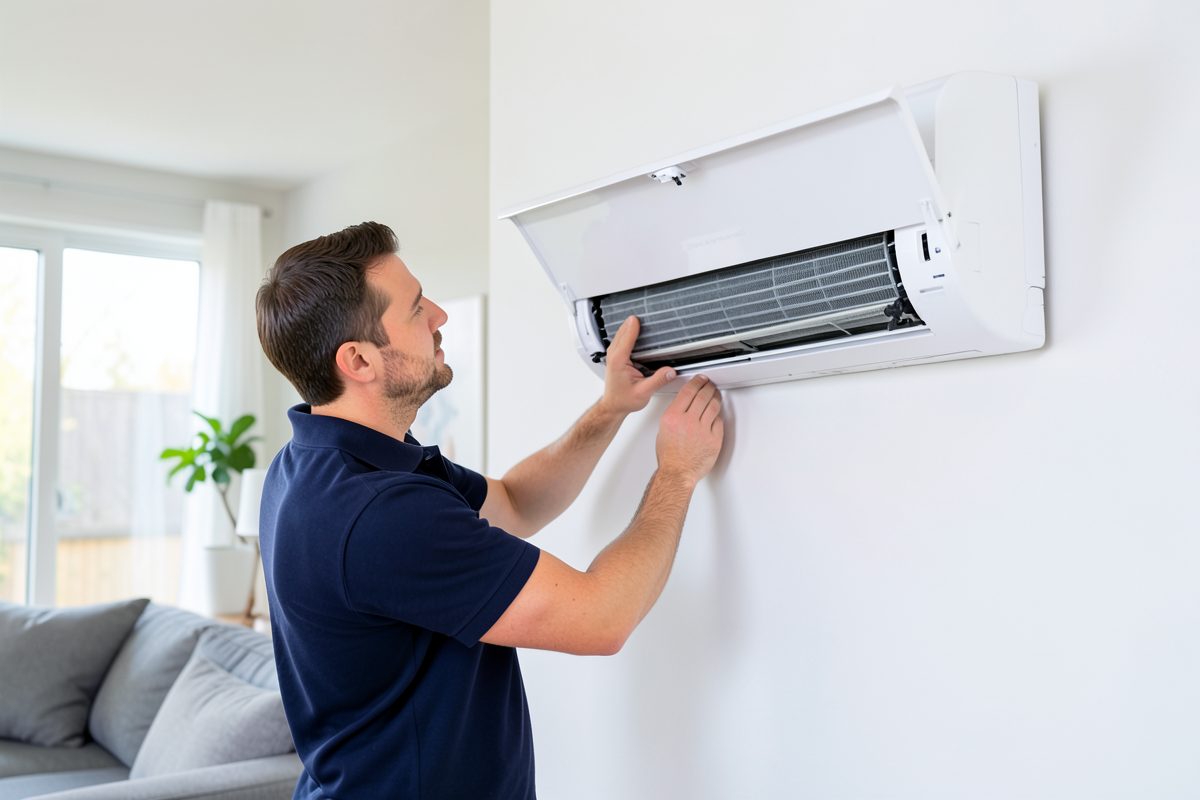 HVAC technician deep-cleaning a wall-mounted reverse cycle split system indoor unit in a Melbourne home