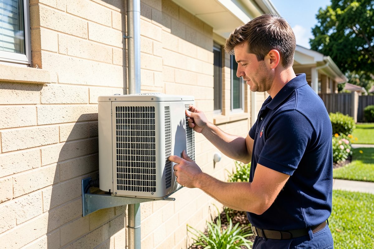 HVAC technician servicing the outdoor unit of a reverse cycle split system at a Melbourne home